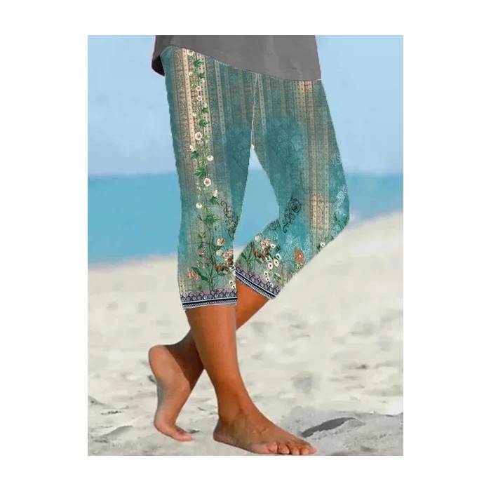 Women Floral Capris Elastic Waist Pant Casual Summer Trousers