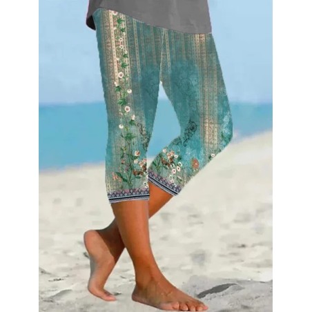 Women Floral Capris Elastic Waist Pant Casual Summer Trousers