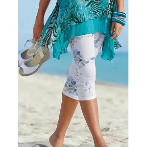 Women Dragonfly Capris Elastic Waist Pants Casual Summer Trousers