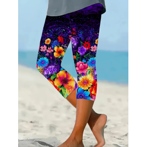 Women Floral Capris Elastic Waist Pants Casual Summer Trousers