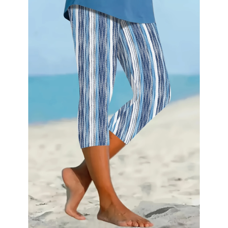 Women Striped Capris Elastic Waist Pants Casual Summer Trousers
