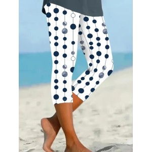Women Polka Dots Capris Elastic Waist Pants Casual Summer Trousers