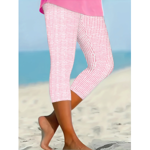 Women Striped Capris Elastic Waist Pants Casual Summer Trousers