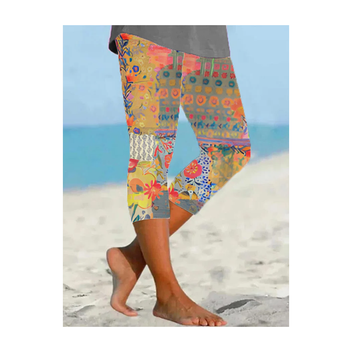 Women Floral Capris Elastic Waist Pants Casual Summer Trousers