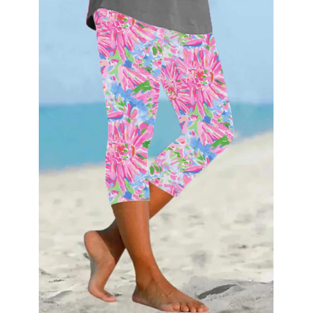 Women Floral Capris Elastic Waist Pants Casual Summer Trousers