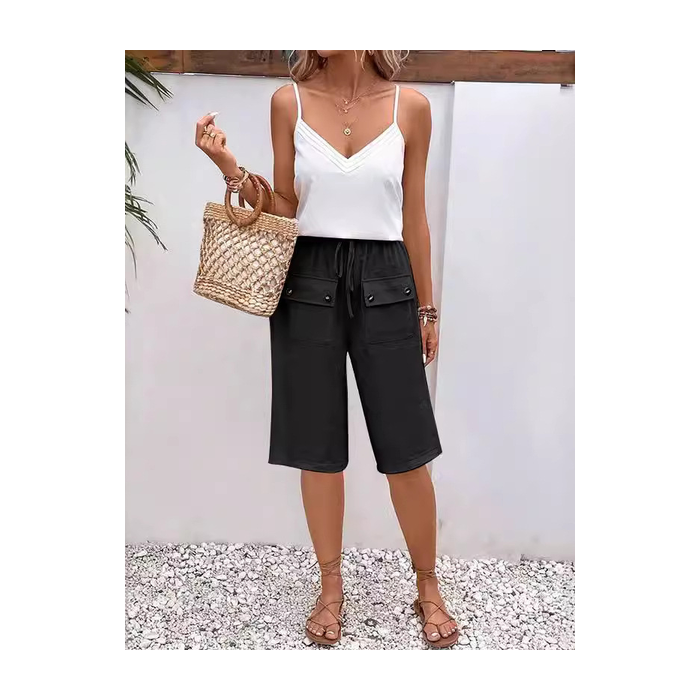 Women Plain Fifth Pants Elastic Waist Pants Casual Summer Trousers