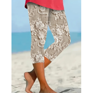 Women Floral Capris Elastic Waist Pants Casual Summer Trousers