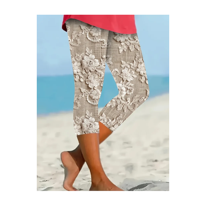 Women Floral Capris Elastic Waist Pants Casual Summer Trousers