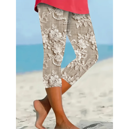 Women Floral Capris Elastic Waist Pants Casual Summer Trousers