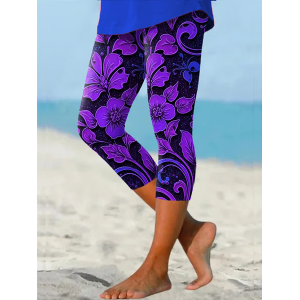 Women Floral Capris Elastic Waist Pants Casual Summer Trousers