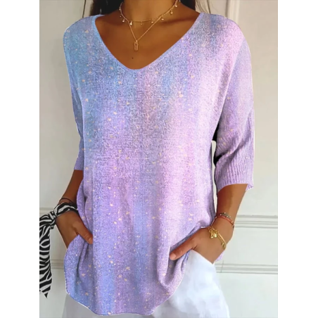 Women Abstract Three Quarter Sleeve Tee T-shirt V Neck Printing Casual Spring/Fall Graphic Tee Top