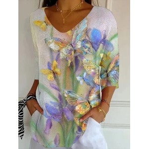 Women Floral Three Quarter Sleeve Tee T-shirt V Neck Printing Casual Spring/Fall Graphic Tee Top