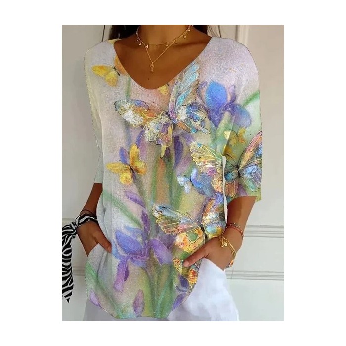 Women Floral Three Quarter Sleeve Tee T-shirt V Neck Printing Casual Spring/Fall Graphic Tee Top