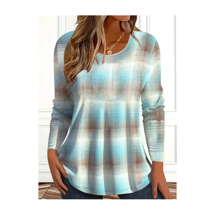 Women Abstract Plaid Long Sleeve Tee T-shirt Crew Neck Printing Casual Spring/Fall Graphic Tee Top