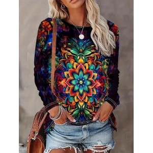 Women Abstract Long Sleeve Tee T-shirt Crew Neck Printing Casual Spring/Fall Graphic Tee Top