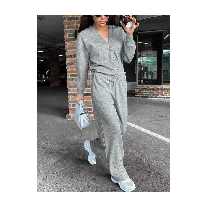 Women Plain Split Joint Two-Piece Set Daily Long Sleeve Casual Spring/Fall Top With Pants Matching Set