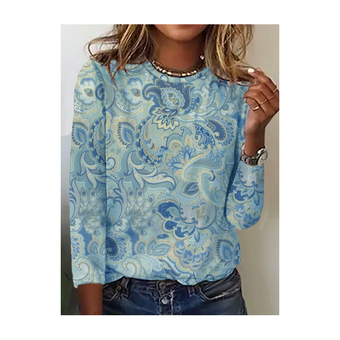 Women's Paisley Long Sleeve Tee T-shirt Crew Neck Vintage Spring/Fall Top