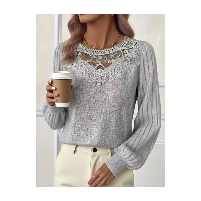 Drop Shoulder Ribbed Lace Collar Long Sleeve Spring And Autumn Knitted Commuter T-Shirt Top
