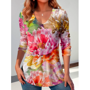 Women Floral Long Sleeve Tee T-shirt V Neck Printing Casual Spring/Fall Graphic Tee Top