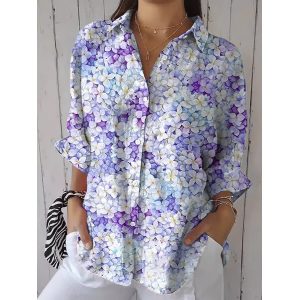 Women Floral Three Quarter Sleeve Shirt Spring/Fall Printing Shirt Collar Daily Casual Top