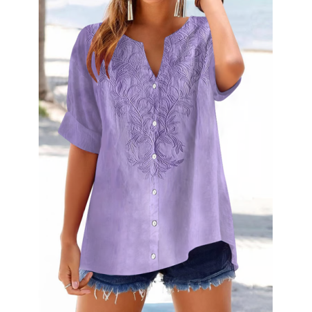 Women Floral Short Sleeve Shirt Summer Printing V Neck Daily Casual Top