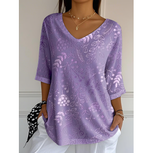 Women Floral Three Quarter Sleeve Tee T-shirt V Neck Printing Casual Spring/Fall Graphic Tee Top