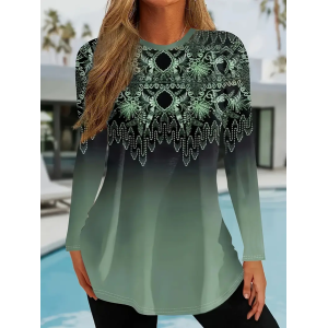 Women Ethnic Long Sleeve Tee T-shirt Crew Neck Printing Casual Spring/Fall Graphic Tee Top