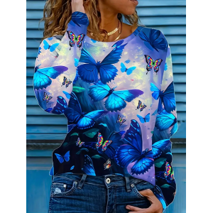 Women Butterfly Long Sleeve Tee T-shirt Crew Neck Printing Casual Spring/Fall Graphic Tee Top