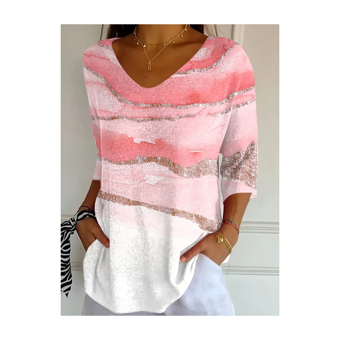 Women Abstract Three Quarter Sleeve Tee T-shirt V Neck Printing Casual Spring/Fall Graphic Tee Top