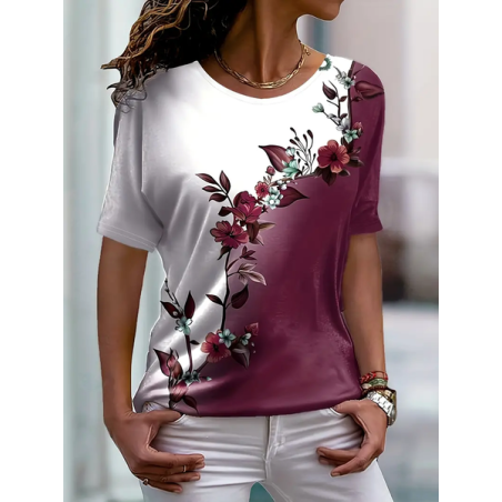 Women's Short Sleeve Tee T-shirt Summer Floral Printing Crew Neck Casual Graphic Tee Top