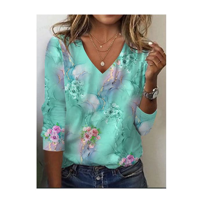 Women's Floral Long Sleeve Tee T-shirt V Neck Printing Casual Spring/Fall Graphic Tee Top
