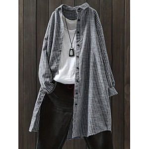 Women Striped Long Sleeve Shirt Spring/Fall Printing Stand Collar Daily Casual Top