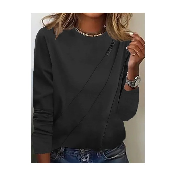 Women's Long Sleeve Tee T-shirt Spring/Fall Plain Buckle Knitted Crew Neck Daily Going Out Casual Top
