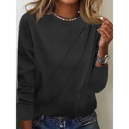 Women's Long Sleeve Tee T-shirt Spring/Fall Plain Buckle Knitted Crew Neck Daily Going Out Casual Top