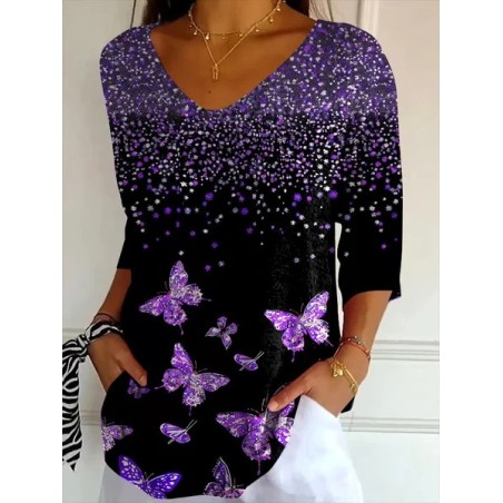 Women Butterfly Three Quarter Sleeve Tee T-shirt V Neck Printing Casual Spring/Fall Graphic Tee Top