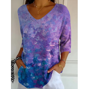 Women Abstract Three Quarter Sleeve Tee T-shirt V Neck Printing Casual Spring/Fall Graphic Tee Top