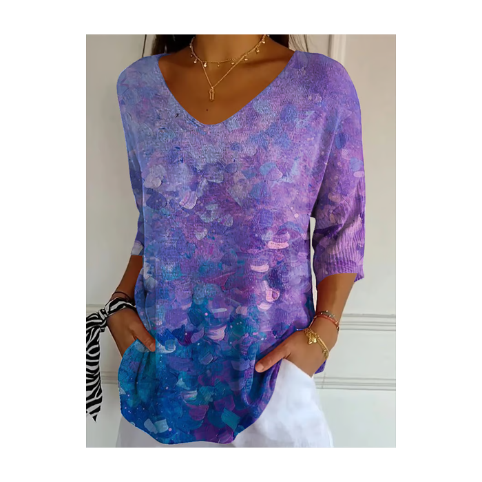 Women Abstract Three Quarter Sleeve Tee T-shirt V Neck Printing Casual Spring/Fall Graphic Tee Top
