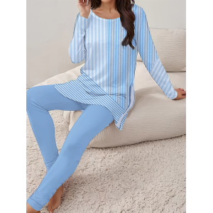 Women Striped Printing Two-Piece Set Daily Long Sleeve Casual Spring/Fall Top With Pants Matching Set
