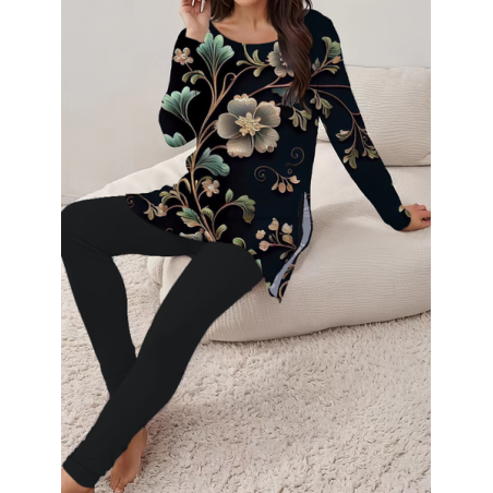 Women Floral Printing Two-Piece Set Daily Long Sleeve Casual Spring/Fall Top With Pants Matching Set
