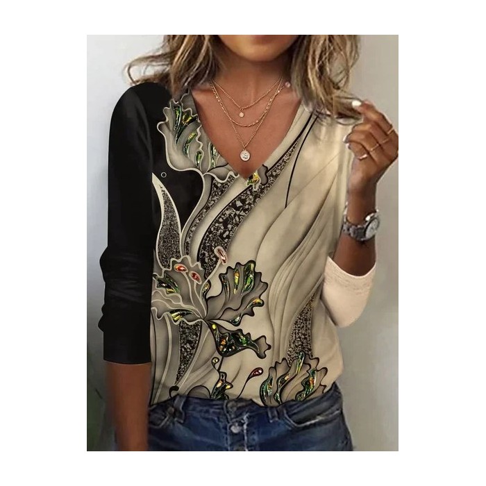 Women Floral Long Sleeve Tee T-shirt V Neck Printing Casual Spring/Fall Graphic Tee Top