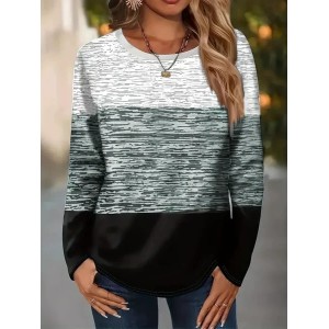 Women Multicolor Block Long Sleeve Tee T-shirt Crew Neck Printing Casual Spring/Fall Graphic Tee Top