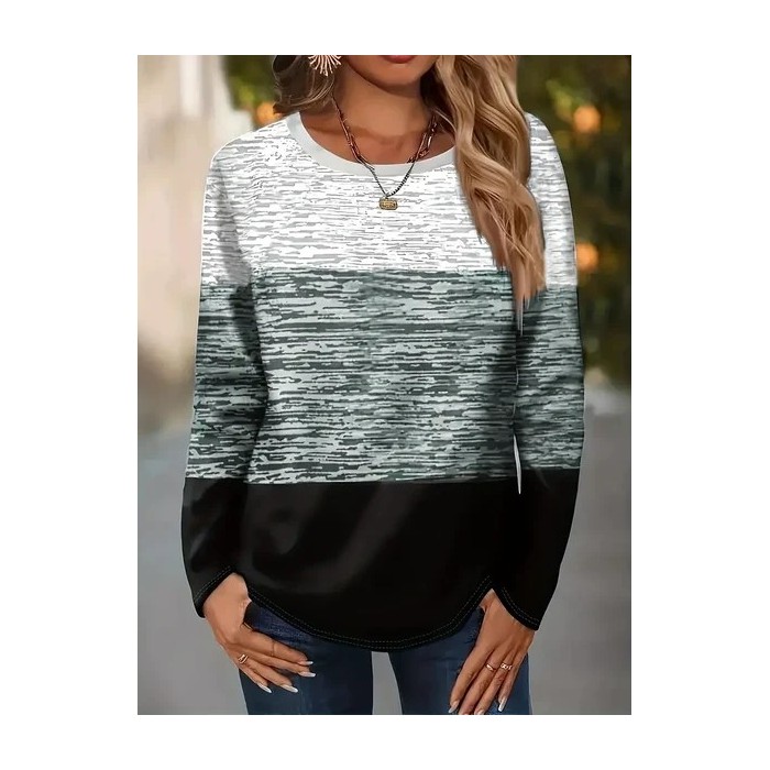 Women Multicolor Block Long Sleeve Tee T-shirt Crew Neck Printing Casual Spring/Fall Graphic Tee Top