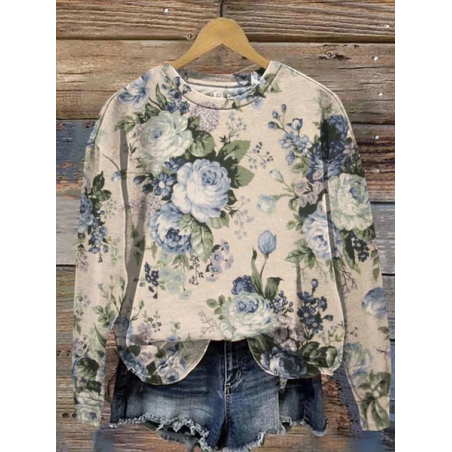 Women Floral Crew Neck Printing Casual Spring/Fall Long Sleeve Sweatshirt