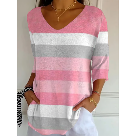 Women Striped Three Quarter Sleeve Tee T-shirt V Neck Printing Casual Spring/Fall Graphic Tee Top