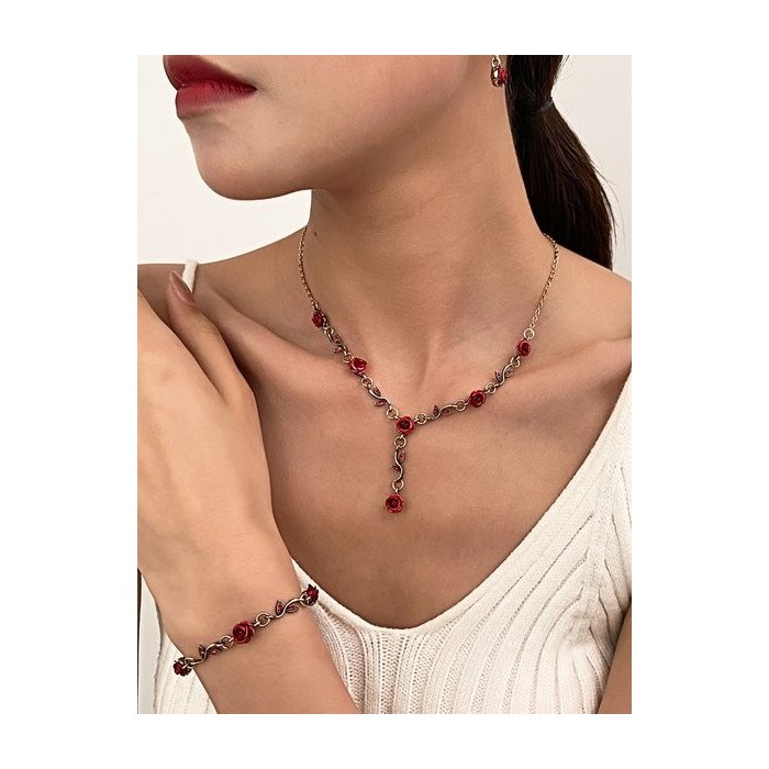 French Retro Flower Jewelry Set Romantic Rose Bracelet Niche Versatile High-end Necklace 3-piece Set