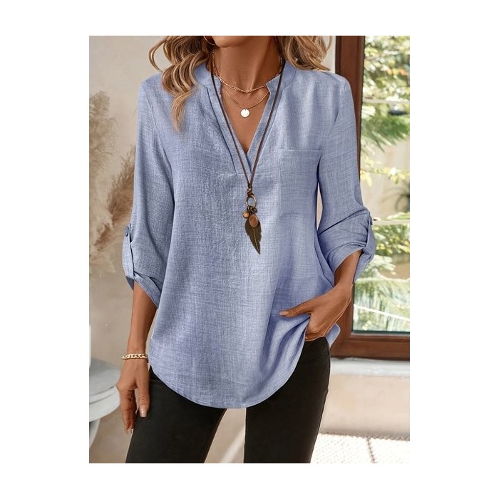 Women Plain Three Quarter Sleeve Shirt Spring/Fall Split Joint V Neck Daily Casual Top