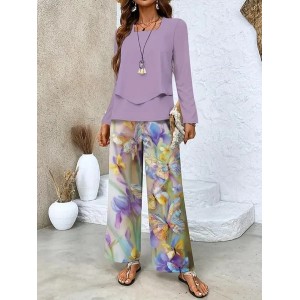 Women Floral Printing Two-Piece Set Daily Long Sleeve Casual Spring/Fall Top With Pants Matching Set