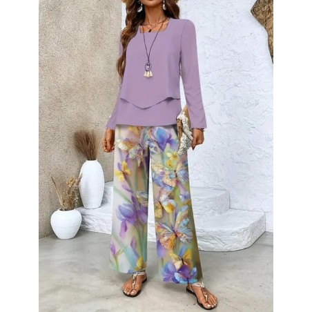 Women Floral Printing Two-Piece Set Daily Long Sleeve Casual Spring/Fall Top With Pants Matching Set