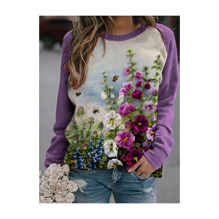 Women Floral Crew Neck Printing Casual Spring/Fall Long Sleeve Sweatshirt