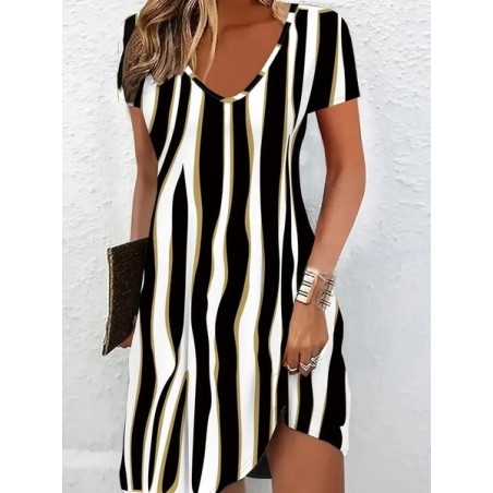 Women Striped Short Sleeve Summer Printing Dress V Neck Daily Casual Midi Fit & Flare Dress A-Line Dress